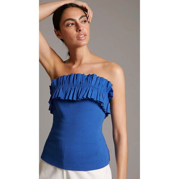 Anthropologie Maeve Blue RIbbed Strapless Ruffle Top - Picture 2 of 5